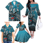 Personalized Port Adelaide Power Mascot Family Matching Off The Shoulder Long Sleeve Dress and Hawaiian Shirt Aboriginal Dot Art Style Vibrant Indigenous Pattern Design