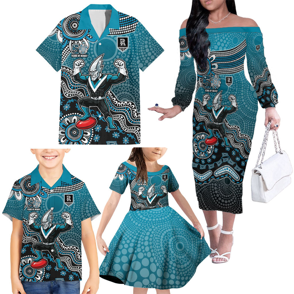 Personalized Port Adelaide Power Mascot Family Matching Off The Shoulder Long Sleeve Dress and Hawaiian Shirt Aboriginal Dot Art Style Vibrant Indigenous Pattern Design