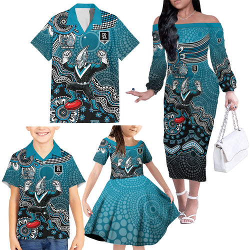 Personalized Port Adelaide Power Mascot Family Matching Off The Shoulder Long Sleeve Dress and Hawaiian Shirt Aboriginal Dot Art Style Vibrant Indigenous Pattern Design