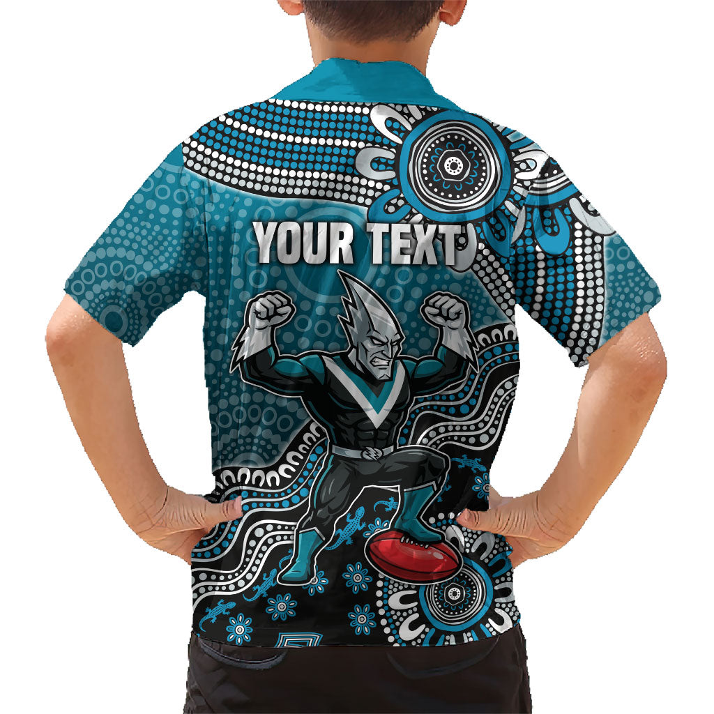 Personalized Port Adelaide Power Mascot Family Matching Off The Shoulder Long Sleeve Dress and Hawaiian Shirt Aboriginal Dot Art Style Vibrant Indigenous Pattern Design