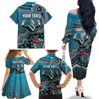 Personalized Port Adelaide Power Mascot Family Matching Off The Shoulder Long Sleeve Dress and Hawaiian Shirt Aboriginal Dot Art Style Vibrant Indigenous Pattern Design