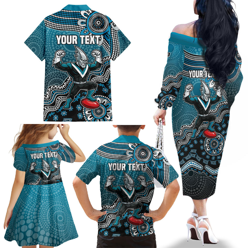 Personalized Port Adelaide Power Mascot Family Matching Off The Shoulder Long Sleeve Dress and Hawaiian Shirt Aboriginal Dot Art Style Vibrant Indigenous Pattern Design