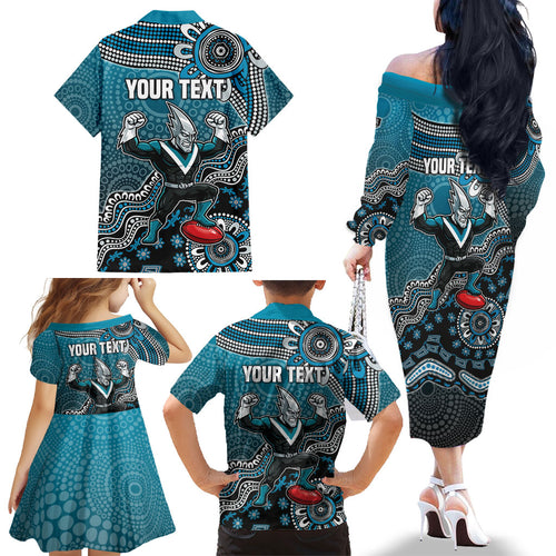 Personalized Port Adelaide Power Mascot Family Matching Off The Shoulder Long Sleeve Dress and Hawaiian Shirt Aboriginal Dot Art Style Vibrant Indigenous Pattern Design