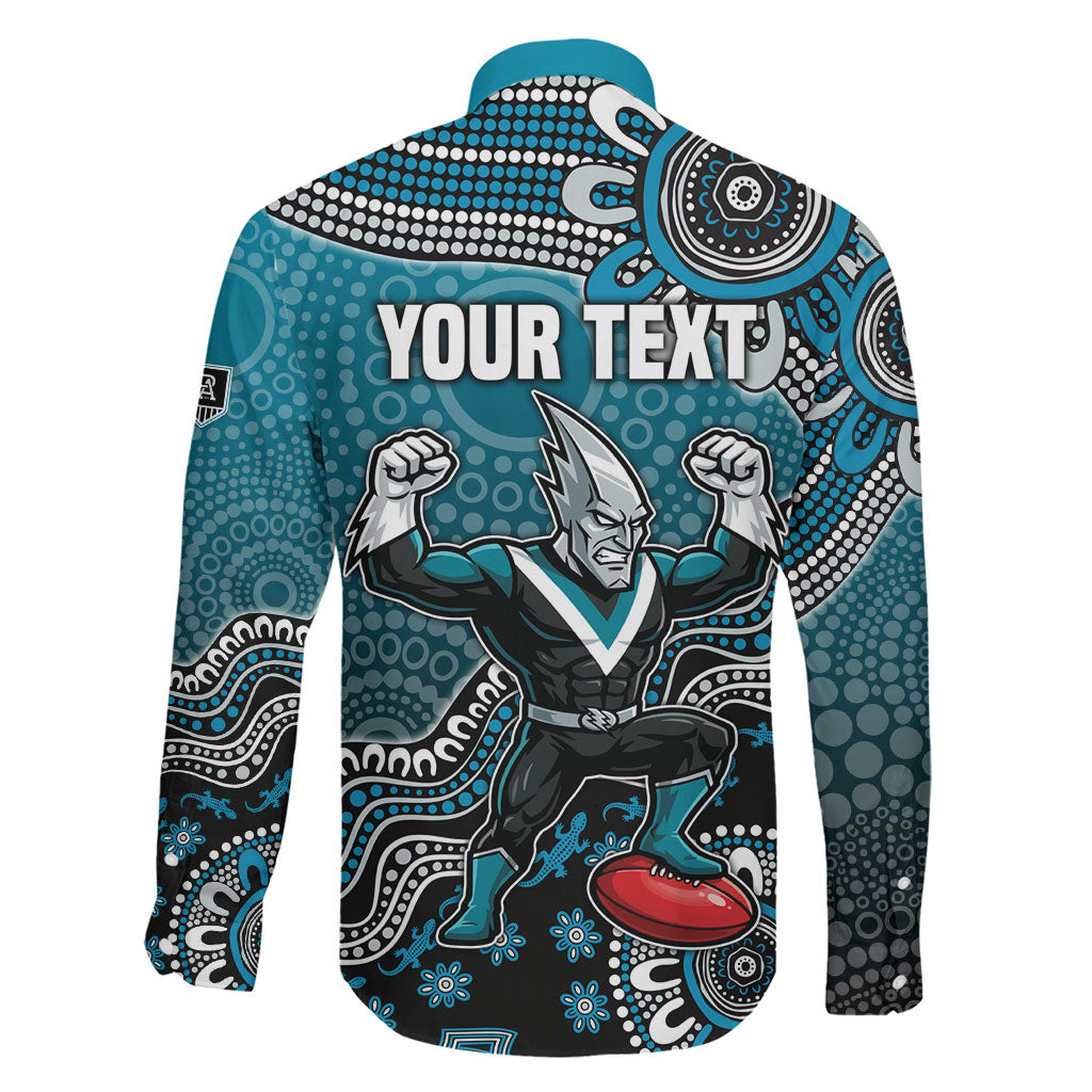 Personalized Port Adelaide Power Mascot Family Matching Off The Shoulder Long Sleeve Dress and Hawaiian Shirt Aboriginal Dot Art Style Vibrant Indigenous Pattern Design