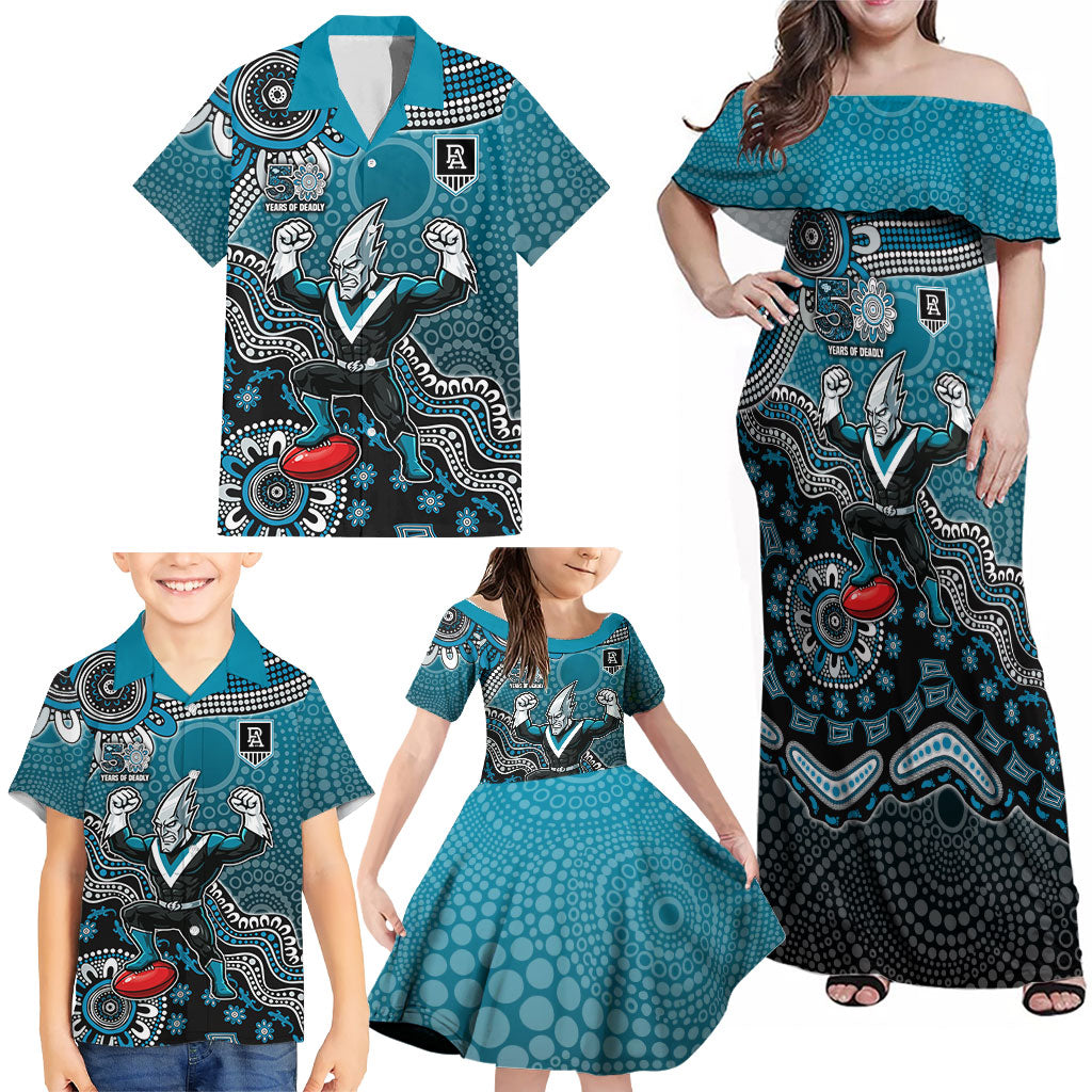 Personalized Port Adelaide Power Mascot Family Matching Off Shoulder Maxi Dress and Hawaiian Shirt Aboriginal Dot Art Style Vibrant Indigenous Pattern Design