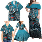 Personalized Port Adelaide Power Mascot Family Matching Off Shoulder Maxi Dress and Hawaiian Shirt Aboriginal Dot Art Style Vibrant Indigenous Pattern Design