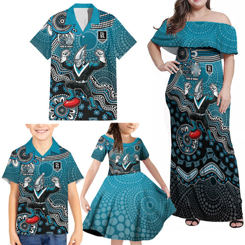 Personalized Port Adelaide Power Mascot Family Matching Off Shoulder Maxi Dress and Hawaiian Shirt Aboriginal Dot Art Style Vibrant Indigenous Pattern Design