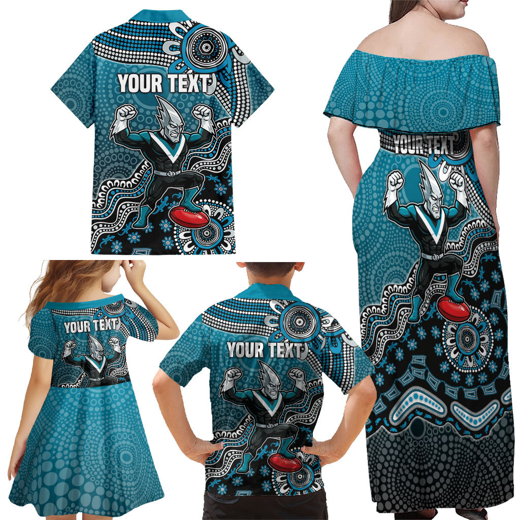Personalized Port Adelaide Power Mascot Family Matching Off Shoulder Maxi Dress and Hawaiian Shirt Aboriginal Dot Art Style Vibrant Indigenous Pattern Design