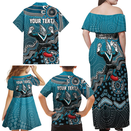Personalized Port Adelaide Power Mascot Family Matching Off Shoulder Maxi Dress and Hawaiian Shirt Aboriginal Dot Art Style Vibrant Indigenous Pattern Design