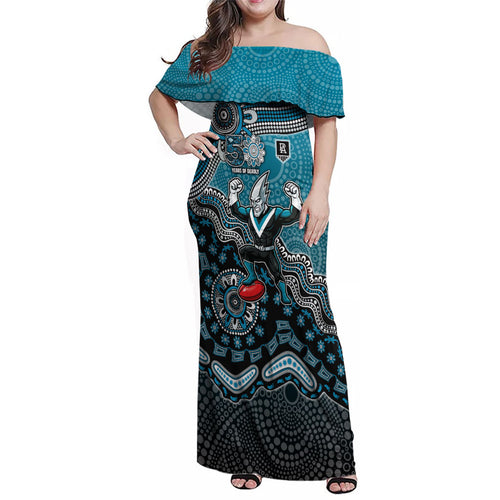 Personalized Port Adelaide Power Mascot Family Matching Off Shoulder Maxi Dress and Hawaiian Shirt Aboriginal Dot Art Style Vibrant Indigenous Pattern Design