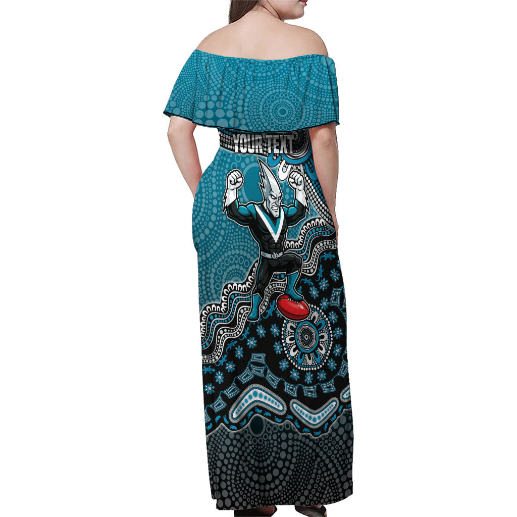 Personalized Port Adelaide Power Mascot Family Matching Off Shoulder Maxi Dress and Hawaiian Shirt Aboriginal Dot Art Style Vibrant Indigenous Pattern Design