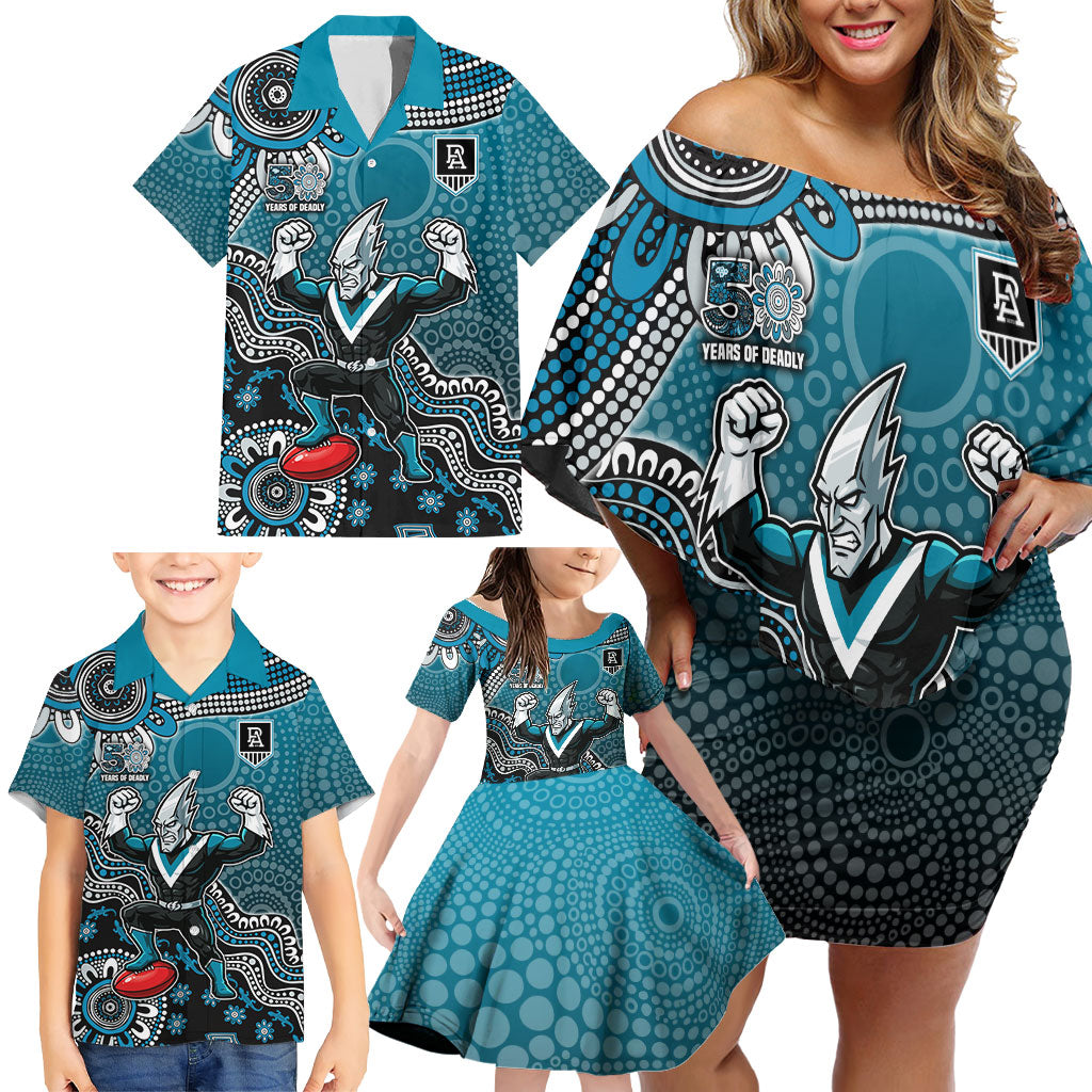 Personalized Port Adelaide Power Mascot Family Matching Off Shoulder Short Dress and Hawaiian Shirt Aboriginal Dot Art Style Vibrant Indigenous Pattern Design