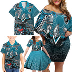 Personalized Port Adelaide Power Mascot Family Matching Off Shoulder Short Dress and Hawaiian Shirt Aboriginal Dot Art Style Vibrant Indigenous Pattern Design