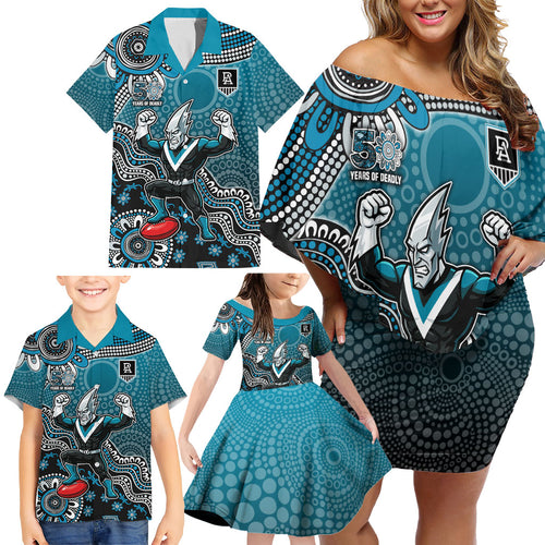 Personalized Port Adelaide Power Mascot Family Matching Off Shoulder Short Dress and Hawaiian Shirt Aboriginal Dot Art Style Vibrant Indigenous Pattern Design