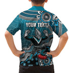 Personalized Port Adelaide Power Mascot Family Matching Off Shoulder Short Dress and Hawaiian Shirt Aboriginal Dot Art Style Vibrant Indigenous Pattern Design
