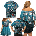 Personalized Port Adelaide Power Mascot Family Matching Off Shoulder Short Dress and Hawaiian Shirt Aboriginal Dot Art Style Vibrant Indigenous Pattern Design