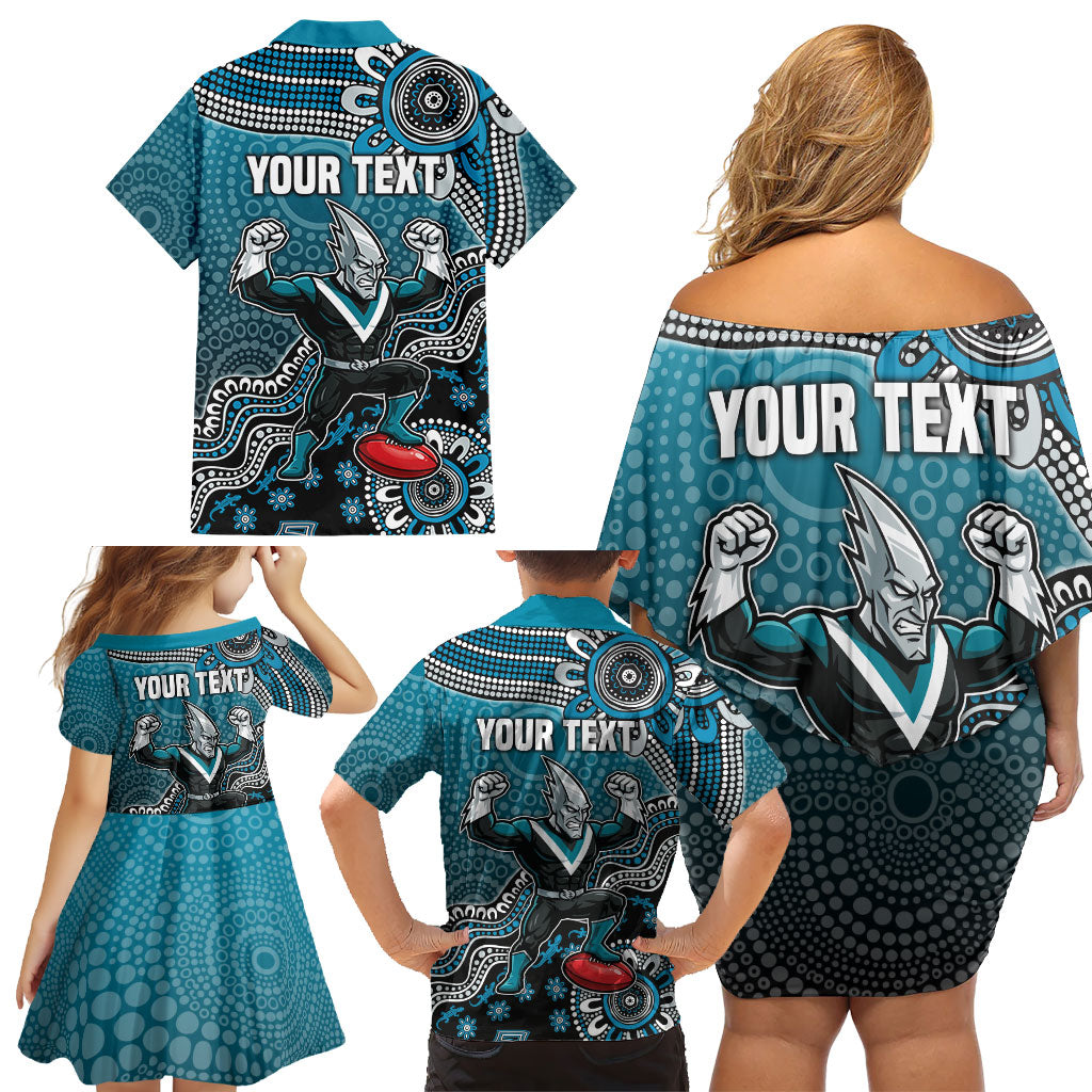 Personalized Port Adelaide Power Mascot Family Matching Off Shoulder Short Dress and Hawaiian Shirt Aboriginal Dot Art Style Vibrant Indigenous Pattern Design