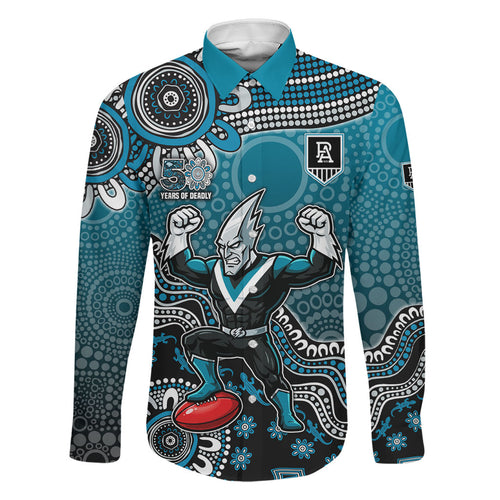 Personalized Port Adelaide Power Mascot Family Matching Off Shoulder Short Dress and Hawaiian Shirt Aboriginal Dot Art Style Vibrant Indigenous Pattern Design