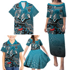 Personalized Port Adelaide Power Mascot Family Matching Puletasi and Hawaiian Shirt Aboriginal Dot Art Style Vibrant Indigenous Pattern Design