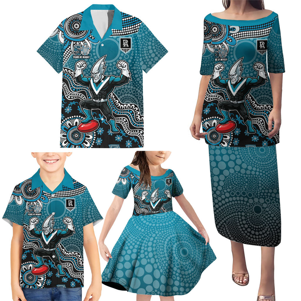 Personalized Port Adelaide Power Mascot Family Matching Puletasi and Hawaiian Shirt Aboriginal Dot Art Style Vibrant Indigenous Pattern Design