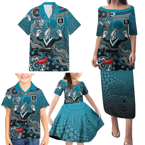 Personalized Port Adelaide Power Mascot Family Matching Puletasi and Hawaiian Shirt Aboriginal Dot Art Style Vibrant Indigenous Pattern Design