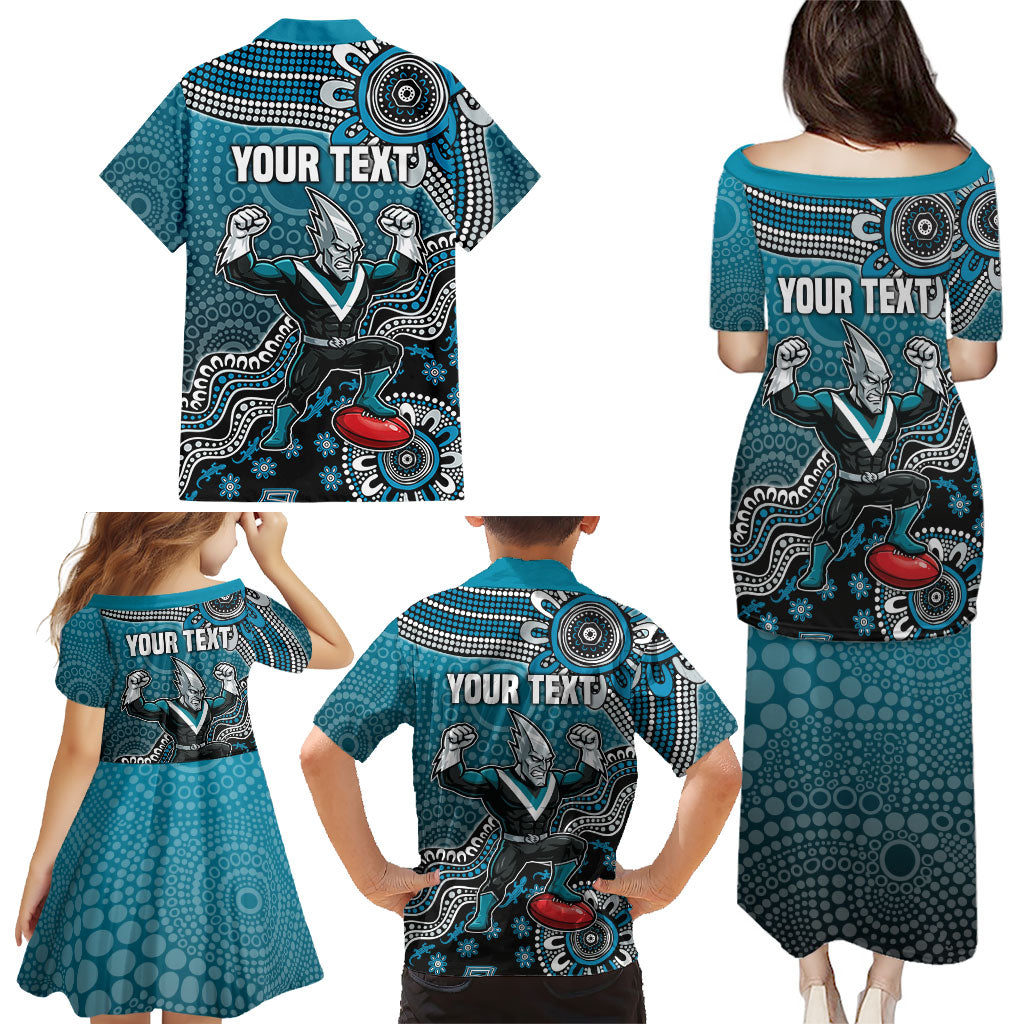 Personalized Port Adelaide Power Mascot Family Matching Puletasi and Hawaiian Shirt Aboriginal Dot Art Style Vibrant Indigenous Pattern Design