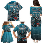 Personalized Port Adelaide Power Mascot Family Matching Puletasi and Hawaiian Shirt Aboriginal Dot Art Style Vibrant Indigenous Pattern Design