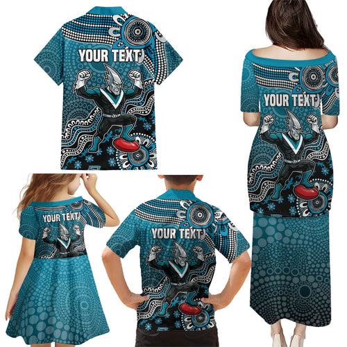 Personalized Port Adelaide Power Mascot Family Matching Puletasi and Hawaiian Shirt Aboriginal Dot Art Style Vibrant Indigenous Pattern Design