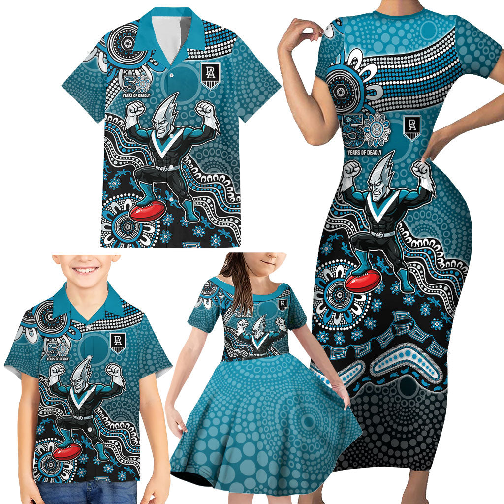 Personalized Port Adelaide Power Mascot Family Matching Short Sleeve Bodycon Dress and Hawaiian Shirt Aboriginal Dot Art Style Vibrant Indigenous Pattern Design
