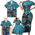 Personalized Port Adelaide Power Mascot Family Matching Short Sleeve Bodycon Dress and Hawaiian Shirt Aboriginal Dot Art Style Vibrant Indigenous Pattern Design