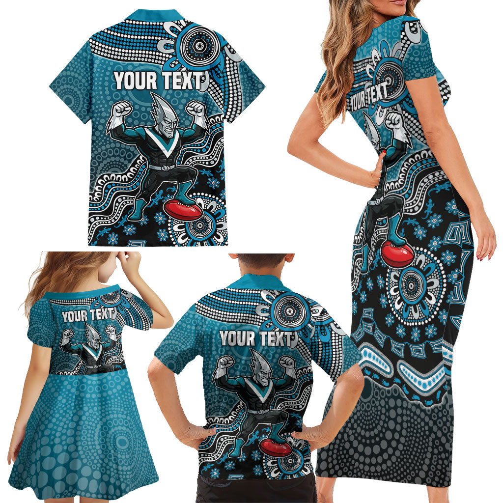 Personalized Port Adelaide Power Mascot Family Matching Short Sleeve Bodycon Dress and Hawaiian Shirt Aboriginal Dot Art Style Vibrant Indigenous Pattern Design
