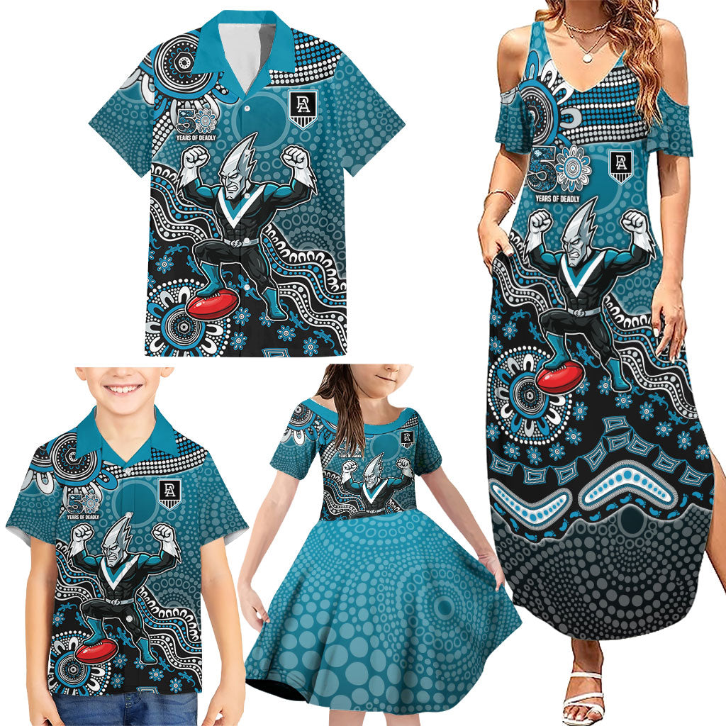 Personalized Port Adelaide Power Mascot Family Matching Summer Maxi Dress and Hawaiian Shirt Aboriginal Dot Art Style Vibrant Indigenous Pattern Design