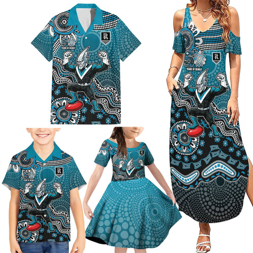 Personalized Port Adelaide Power Mascot Family Matching Summer Maxi Dress and Hawaiian Shirt Aboriginal Dot Art Style Vibrant Indigenous Pattern Design