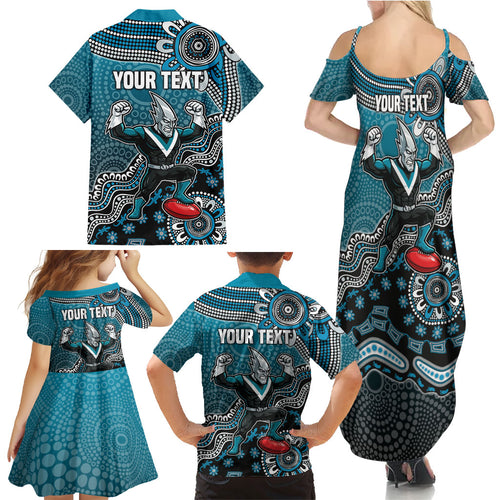Personalized Port Adelaide Power Mascot Family Matching Summer Maxi Dress and Hawaiian Shirt Aboriginal Dot Art Style Vibrant Indigenous Pattern Design
