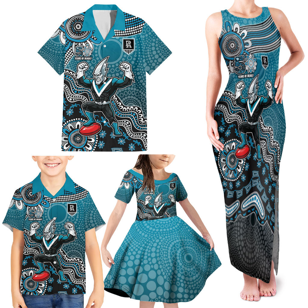 Personalized Port Adelaide Power Mascot Family Matching Tank Maxi Dress and Hawaiian Shirt Aboriginal Dot Art Style Vibrant Indigenous Pattern Design