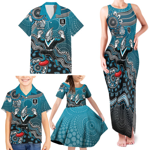 Personalized Port Adelaide Power Mascot Family Matching Tank Maxi Dress and Hawaiian Shirt Aboriginal Dot Art Style Vibrant Indigenous Pattern Design