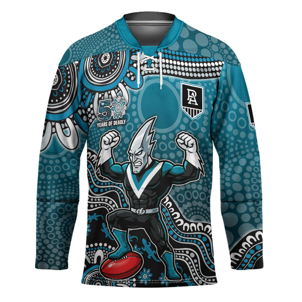 Personalized Port Adelaide Power Mascot Hockey Jersey Aboriginal Dot Art Style Vibrant Indigenous Pattern Design