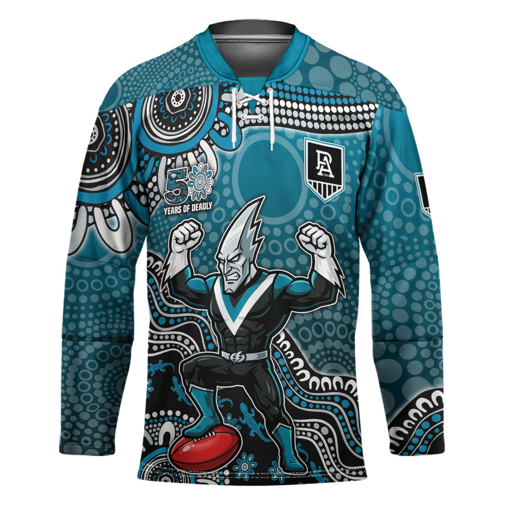 Personalized Port Adelaide Power Mascot Hockey Jersey Aboriginal Dot Art Style Vibrant Indigenous Pattern Design
