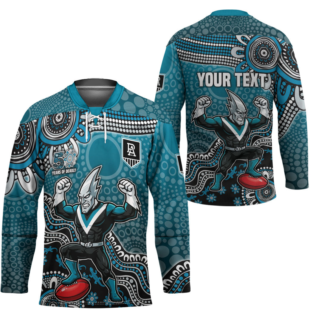 Personalized Port Adelaide Power Mascot Hockey Jersey Aboriginal Dot Art Style Vibrant Indigenous Pattern Design