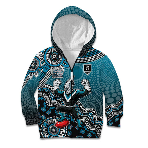 Personalized Port Adelaide Power Mascot Kid Hoodie Aboriginal Dot Art Style Vibrant Indigenous Pattern Design