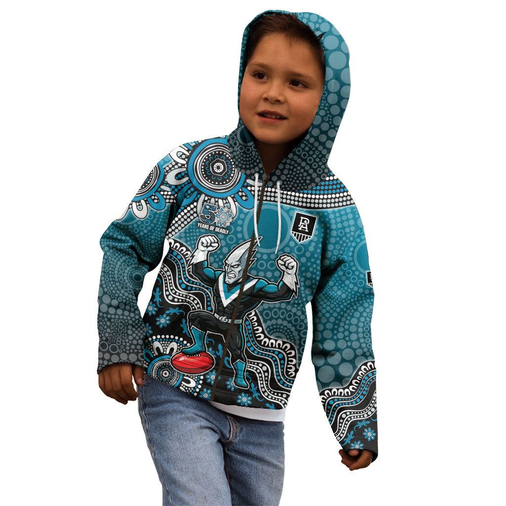 Personalized Port Adelaide Power Mascot Kid Hoodie Aboriginal Dot Art Style Vibrant Indigenous Pattern Design