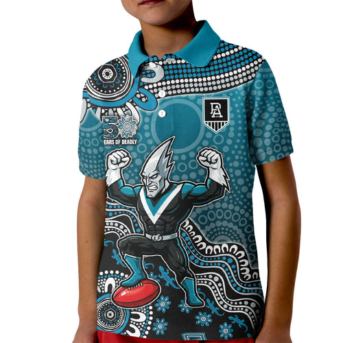 Personalized Port Adelaide Power Mascot Kid Polo Shirt Aboriginal Dot Art Style Vibrant Indigenous Pattern Design
