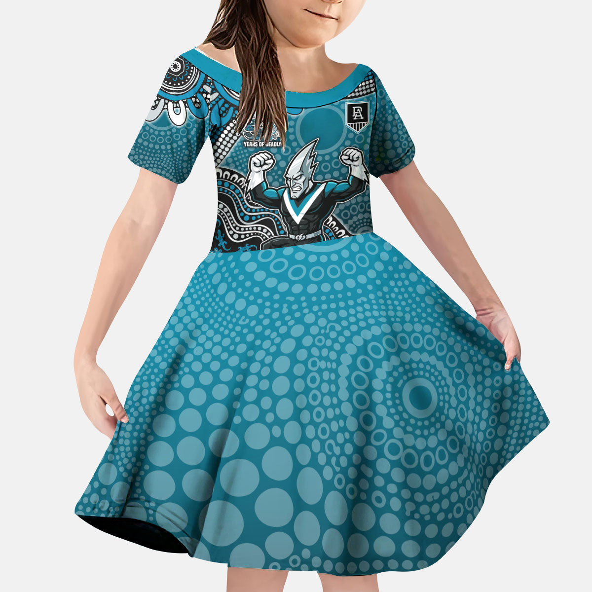 Personalized Port Adelaide Power Mascot Kid Short Sleeve Dress Aboriginal Dot Art Style Vibrant Indigenous Pattern Design