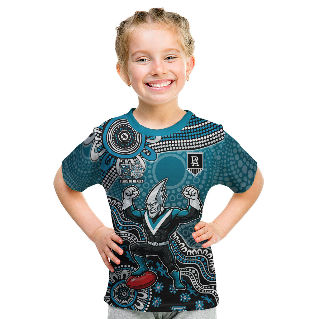 Personalized Port Adelaide Power Mascot Kid T Shirt Aboriginal Dot Art Style Vibrant Indigenous Pattern Design