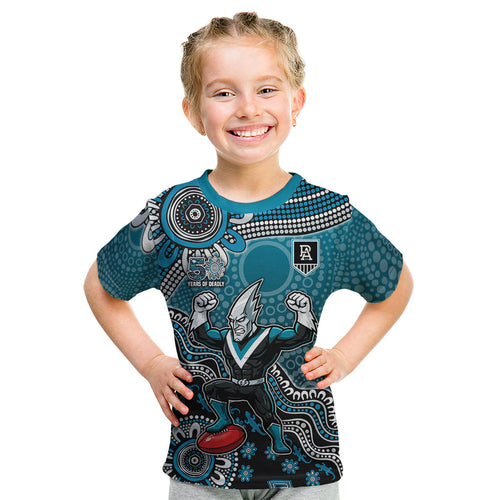 Personalized Port Adelaide Power Mascot Kid T Shirt Aboriginal Dot Art Style Vibrant Indigenous Pattern Design