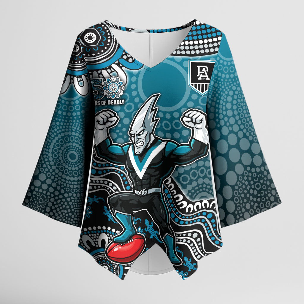 Personalized Port Adelaide Power Mascot Kimono Sleeve Blouse Aboriginal Dot Art Style Vibrant Indigenous Pattern Design
