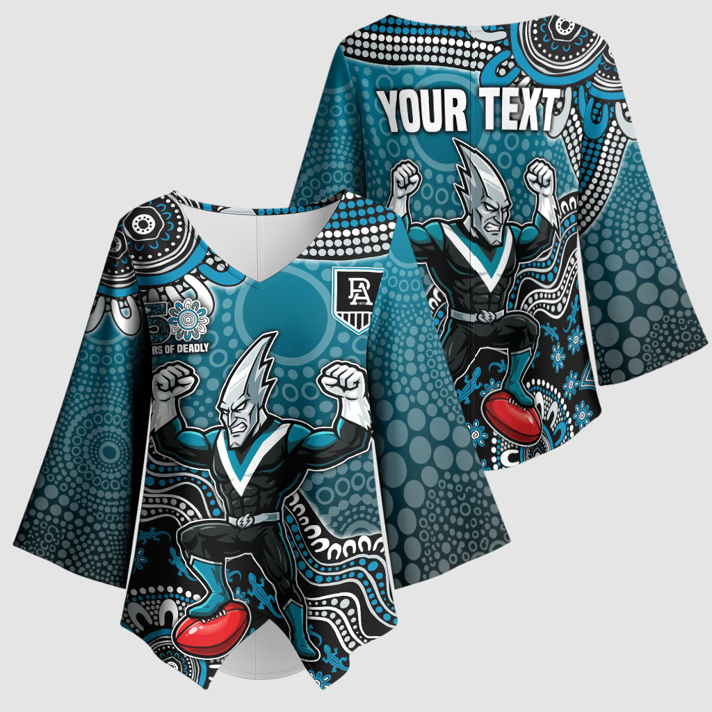 Personalized Port Adelaide Power Mascot Kimono Sleeve Blouse Aboriginal Dot Art Style Vibrant Indigenous Pattern Design