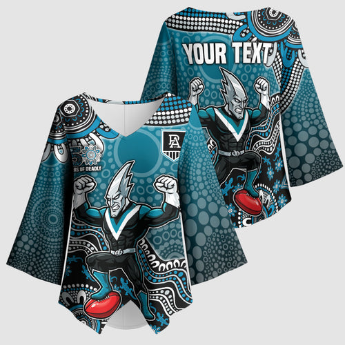 Personalized Port Adelaide Power Mascot Kimono Sleeve Blouse Aboriginal Dot Art Style Vibrant Indigenous Pattern Design