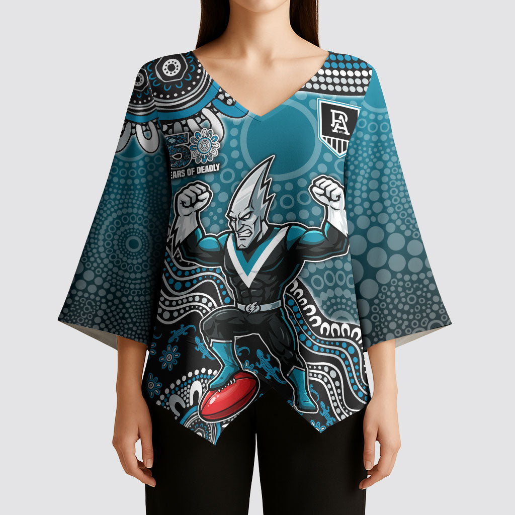 Personalized Port Adelaide Power Mascot Kimono Sleeve Blouse Aboriginal Dot Art Style Vibrant Indigenous Pattern Design