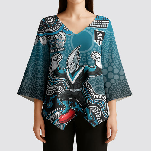 Personalized Port Adelaide Power Mascot Kimono Sleeve Blouse Aboriginal Dot Art Style Vibrant Indigenous Pattern Design